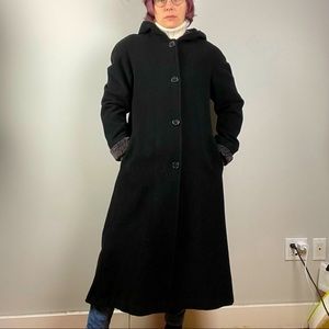 Vintage 90’s Long Black Wool Coat with Decorative cuff and hood trim size S
